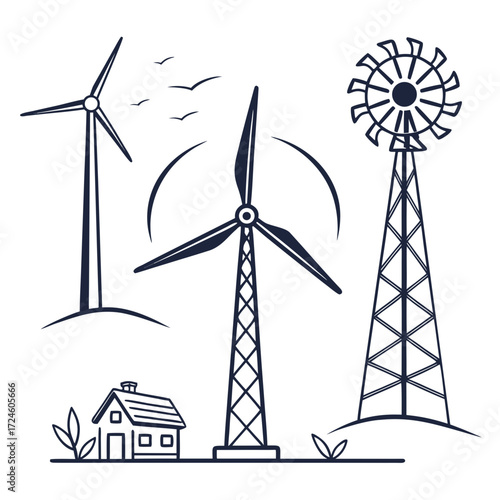Stylized illustration of three wind turbines and a small house symbolizing renewable energy and rural life