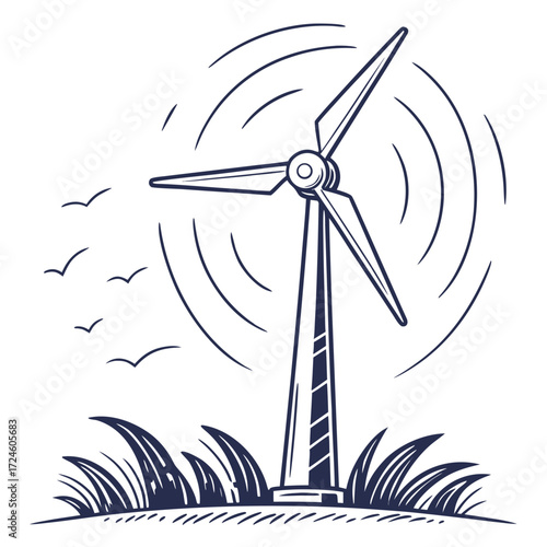 Stylized illustration of a wind turbine with spinning blades generating clean energy in a grassy field with flying birds