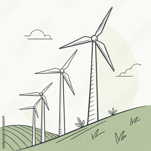 Stylized illustration of three wind turbines on a rolling green hill with simple clouds in the sky