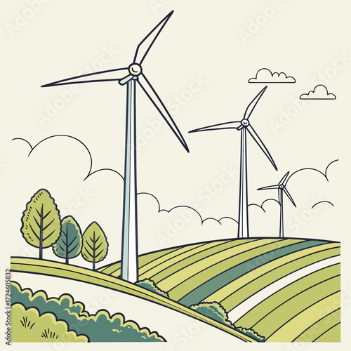 Stylized illustration of wind turbines in a green field under a cloudy sky representing renewable energy generation