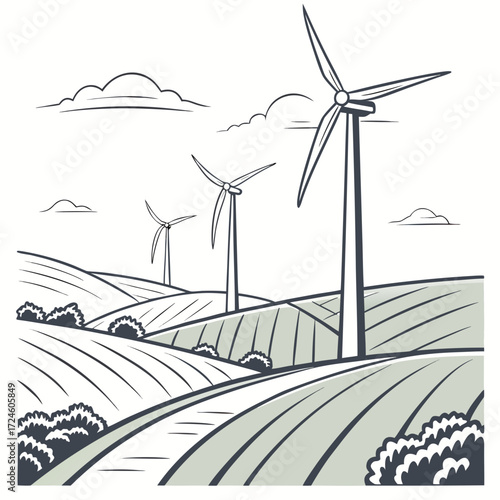 Stylized illustration of wind turbines generating clean energy in a rolling green agricultural landscape under a cloudy sky