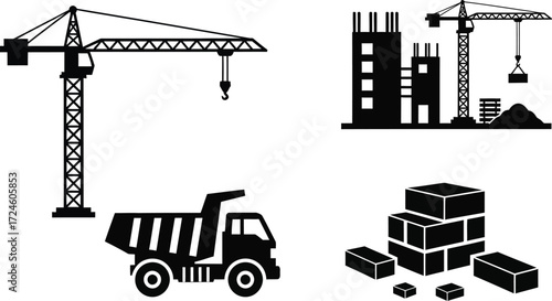 Construction site elements building progress with cranes and truck