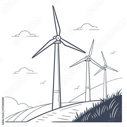 Stylized illustration of wind turbines on rolling hills under a cloudy sky representing renewable energy generation