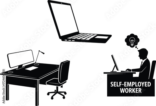 Freelancer insurance, laptop, desk and self-employed worker concept