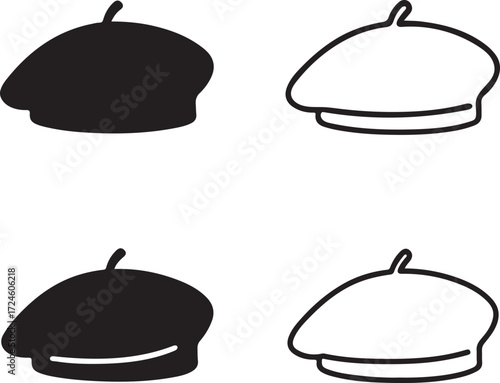 Beret icon set, beret black silhouette, beret vector illustration, beret outline, beret filled black, beret minimal design, beret thin stroke professional icons