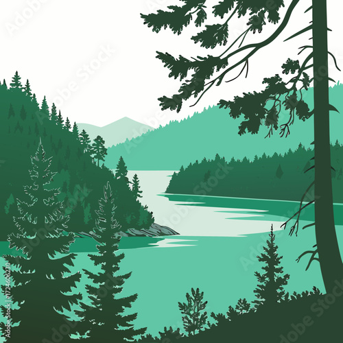 Serene evergreen forest landscape with a tranquil lake and distant mountains under a clear sky