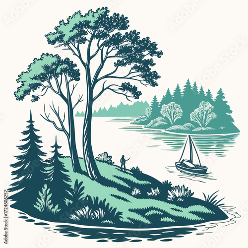 Serene lakeside scene with a lone figure observing a sailboat on the water amidst trees and foliage