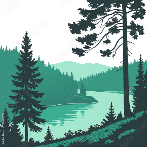 Serene forest landscape with a winding river and distant mountains in shades of teal