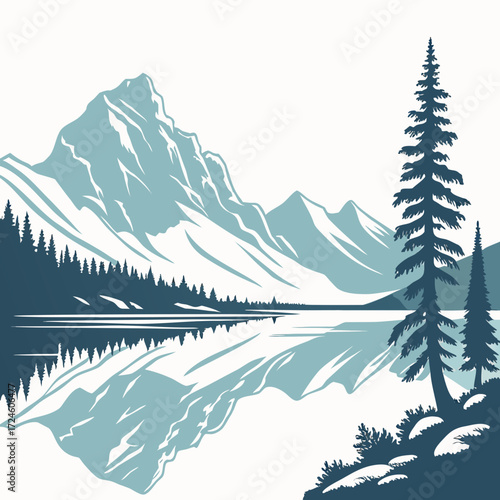 Serene mountain landscape with calm lake reflecting majestic peaks and evergreen forest