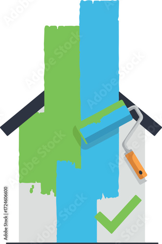 House painting with roller and green checkmark renovation concept.