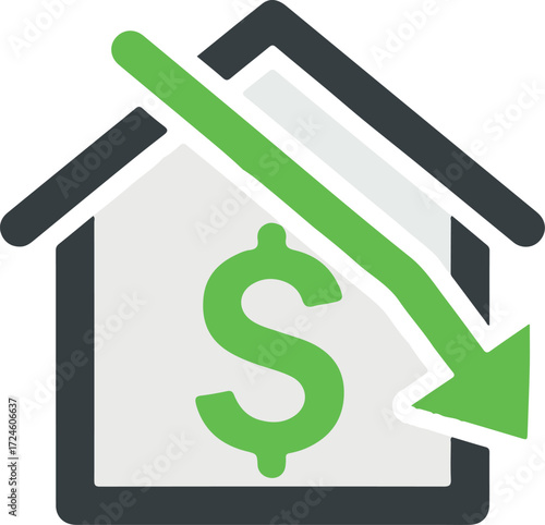 House price decrease concept with dollar sign and downward arrow 1.