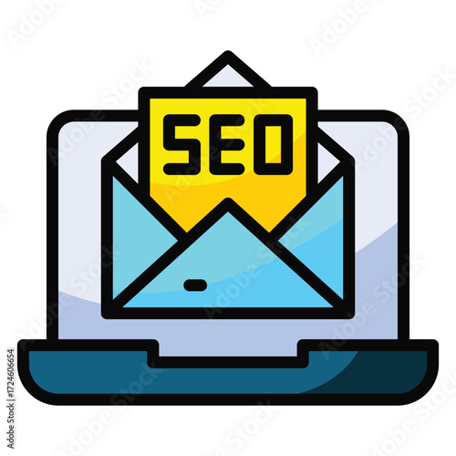 Laptop displaying an envelope with SEO text