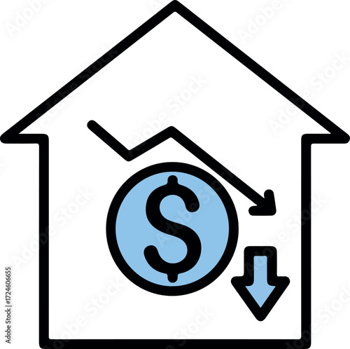 House price decrease concept with dollar sign and downward arrow.