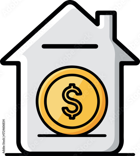 House shaped piggy bank with dollar sign representing savings and investment.