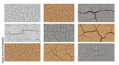 Cracked Surface Textures, Abstract Patterns, Digital Art, Varied Colors, Modern Design, Close-Up View, Creative Concept