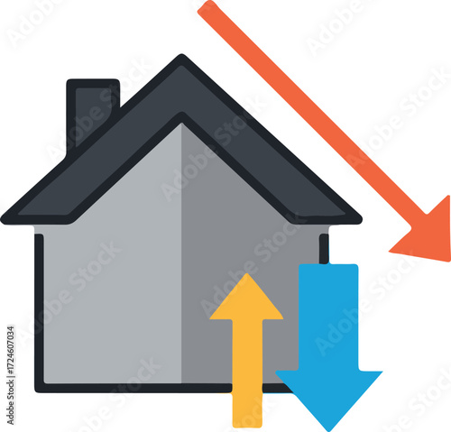 House with arrows indicating price changes and market trends.