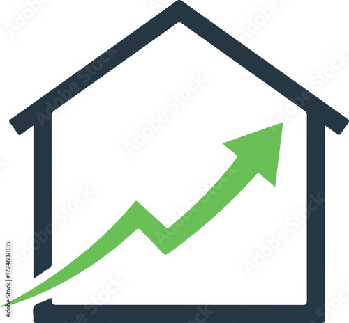 House with upward arrow symbolizing growth and real estate market.