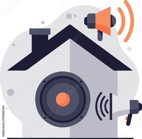 House with sound system and speakers broadcasting audio.
