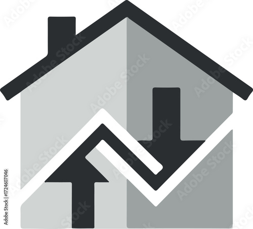House with upward and downward arrows representing real estate market.