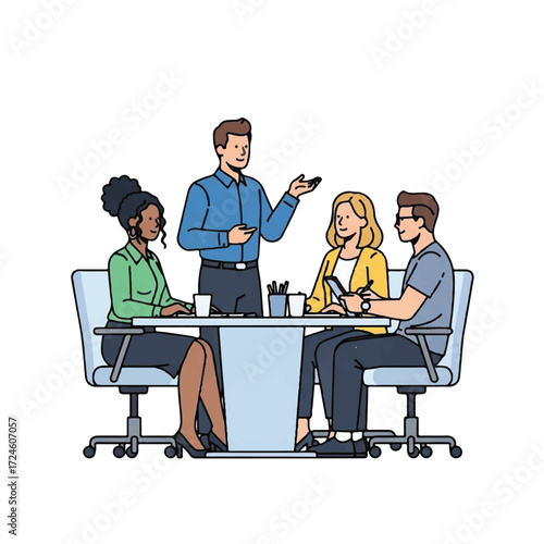 A diverse team of four business professionals collaborating during a meeting in a modern office setting.