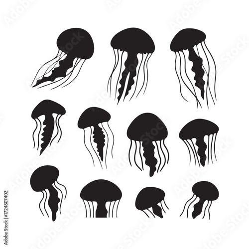  Collection of unique black jellyfish silhouette designs on white background. 