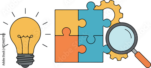 Idea generation and problem solving with puzzle pieces and magnifying glass.