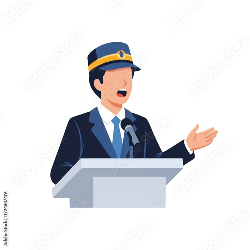 A man in a uniform and cap speaks at a podium with a microphone in front of him.