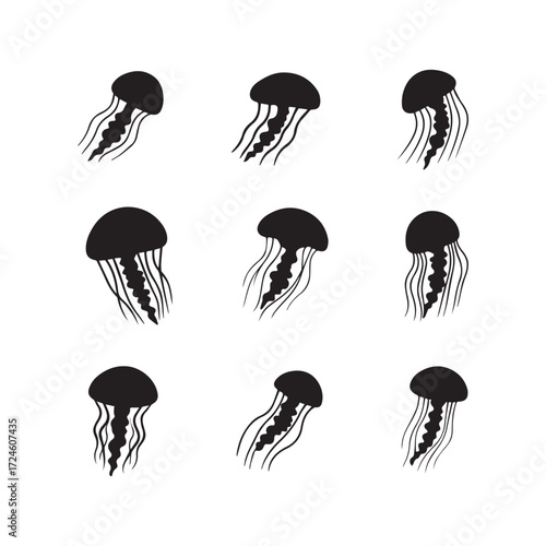  Collection of unique black jellyfish silhouette designs on white background. 