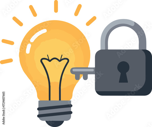 Idea protection concept with light bulb and padlock.