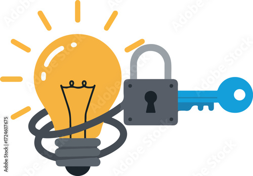 Idea protection concept with lightbulb padlock and key representing security.
