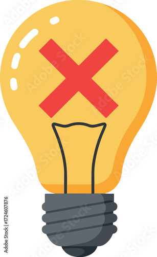 Incorrect idea concept represented by a light bulb with a red cross symbol.