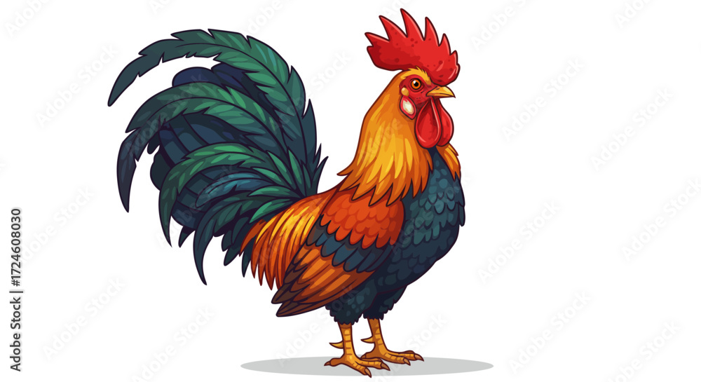 Fototapeta premium Vibrant Rooster with Colorful Feathered Crest and Tail.