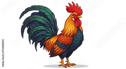 Vibrant Rooster with Colorful Feathered Crest and Tail.
