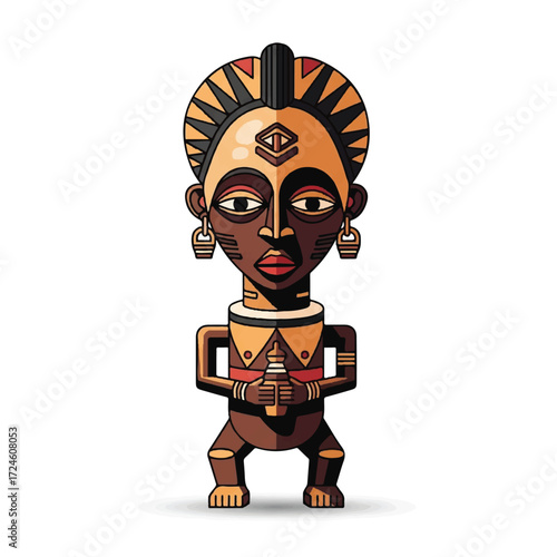 Illustration of an African tribal figurine with ornate headdress and jewelry on a white background.