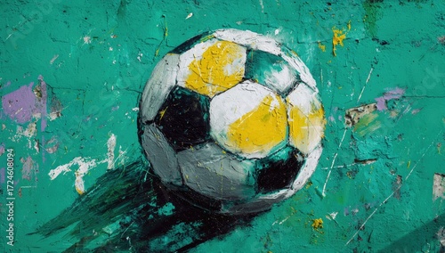 Soccer ball on textured teal wall