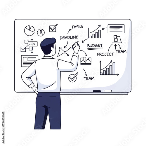 Man writing on whiteboard with business diagrams and charts.