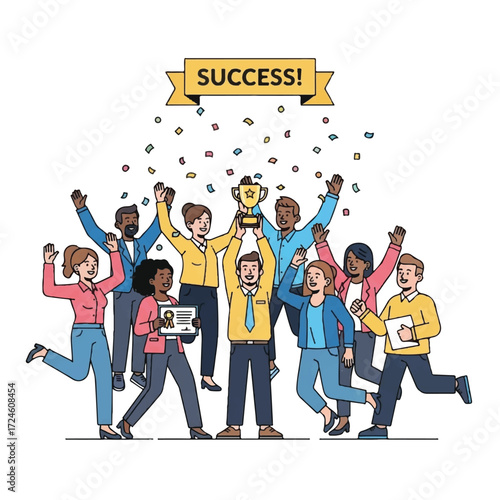 Diverse group of people celebrating success with confetti and trophy.