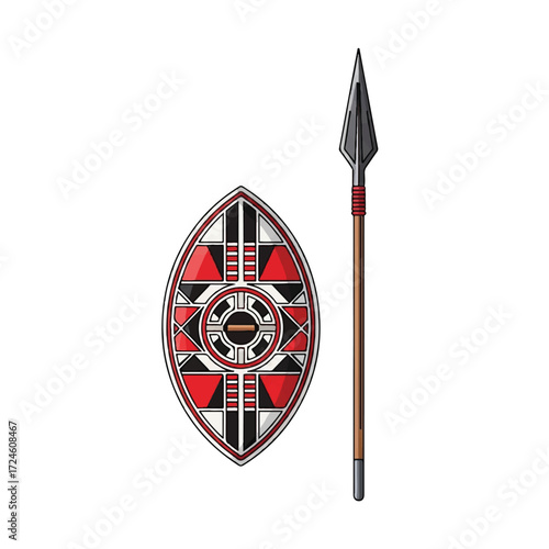 Illustration of a traditional tribal shield and spear against a clean white background with bold red black and white colors.