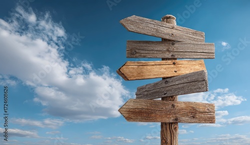 Wooden directional sign against a partly cloudy sky