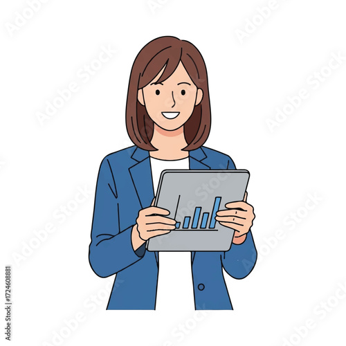 Smiling businesswoman reviewing a graph on tablet.