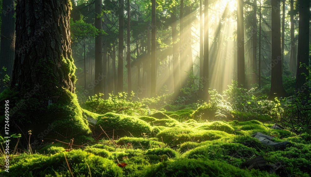 Obraz premium Sunlight pierces through a dense, lush forest, illuminating moss-covered ground and tall trees, creating a serene and magical atmosphere