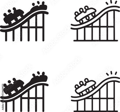 Roller coaster icon set, roller coaster black silhouette, roller coaster vector illustration, roller coaster outline, roller coaster filled black, roller coaster minimal design icons