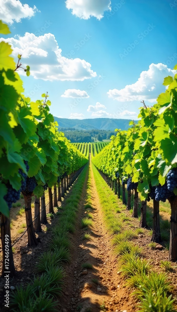 Naklejka premium Sun-drenched vineyard rows heavy with ripening grapes ready for harvest at a picturesque winery Lush green vines stretch to the horizon under a bright blue sky , landscape, country