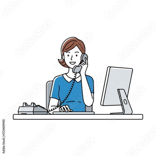 Woman at desk with computer and phone, answering call.