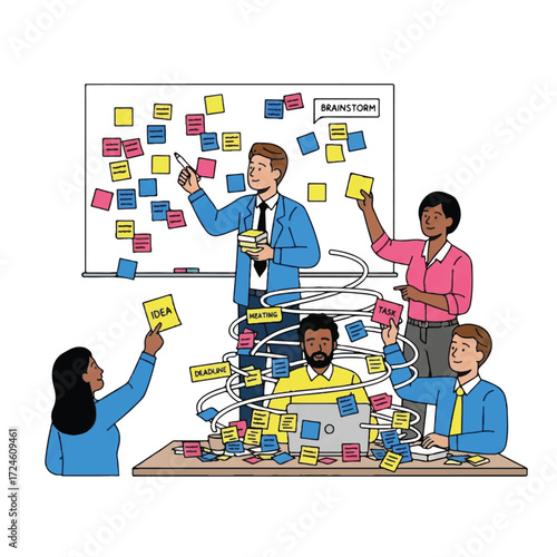 A diverse team brainstorming around a whiteboard covered in sticky notes, highlighting collaborative problem-solving and ideation.