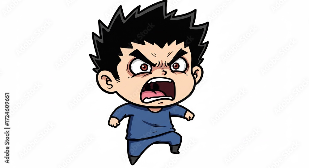 Fototapeta premium 怒り爆発 少年 漫画風 デフォルメ イラスト 白背景. AI Generated