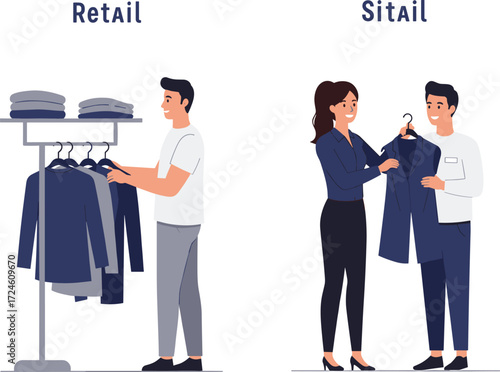 Cartoon Business Icons Featuring Retail and Personalized Shopping Scenes, Comparative Mood, Commerce Theme, and Customer Experience Contras