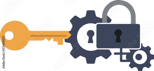 Key unlocking gear mechanism security concept illustration.