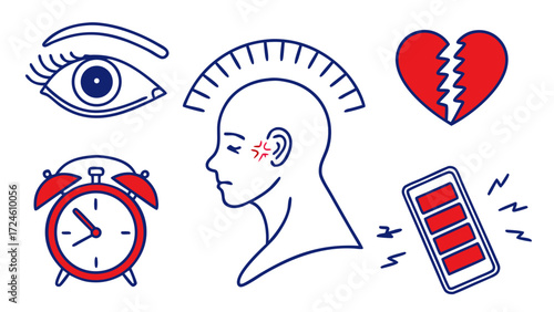 Vector Icon Set Showing Side Effects of Mobile Phone Overuse Including Eye Strain, Pain and Addiction 