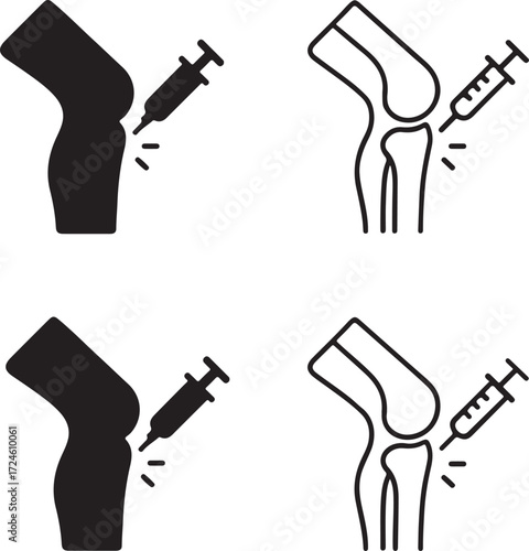 Knee injection icon set, knee injection black silhouette, knee injection vector illustration, knee injection outline, knee injection filled black, knee injection minimal icons